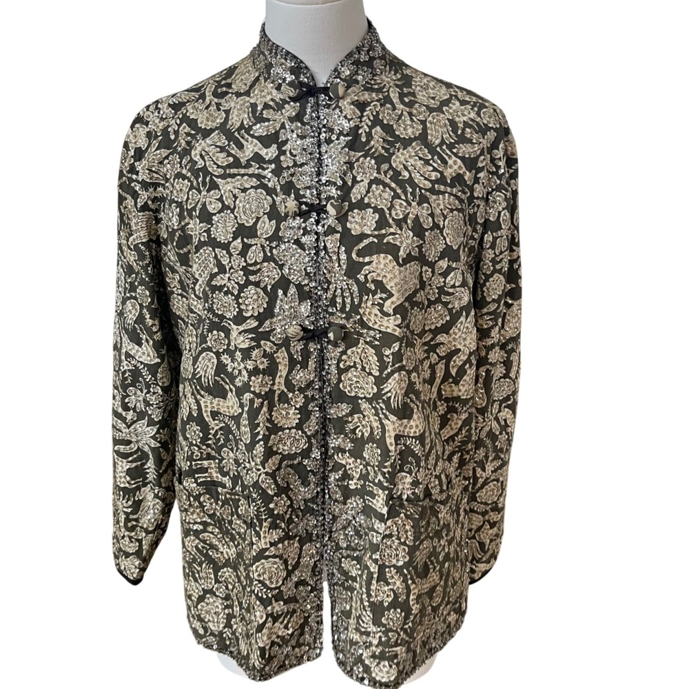 Rare Vintage Jonelle Model Mexico Sequin Jacket L/XL Folk Art Neutral Tones‎